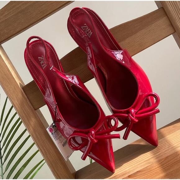 ZARA Patent Pointed Toe Slingback Heels NWT – Red Bow Pumps, Size 6.5–10 - Picture 14 of 16